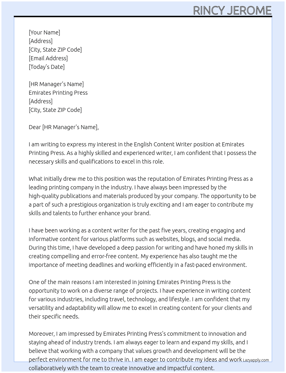 English content writer At Emirates printing press Cover Letter