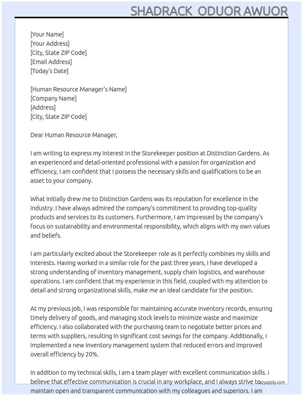 storekeeper At Distinction Gardens Cover Letter