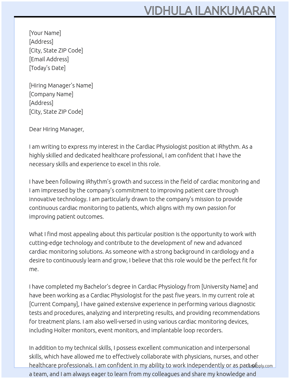 Cardiac Physiologist  At iRhythm  Cover Letter