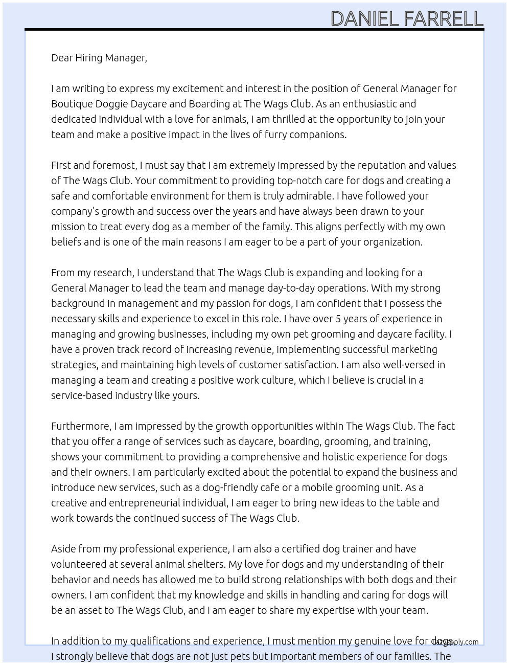 General Manager for Boutique Doggie Daycare and Boarding At The Wags Club Cover Letter