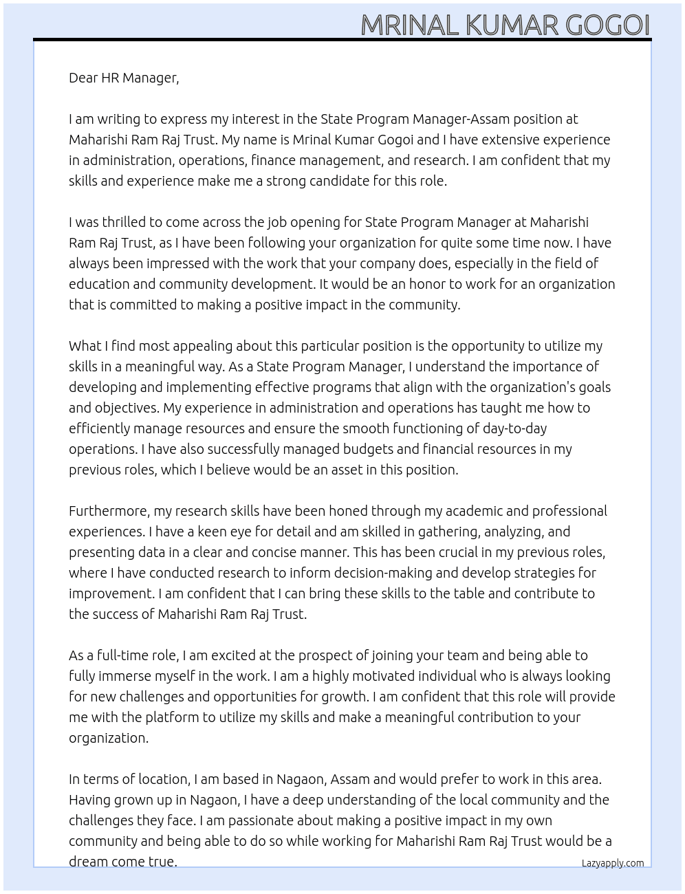 State Program Manager-Assam At MAHARISHI RAM RAJ TRUST Cover Letter