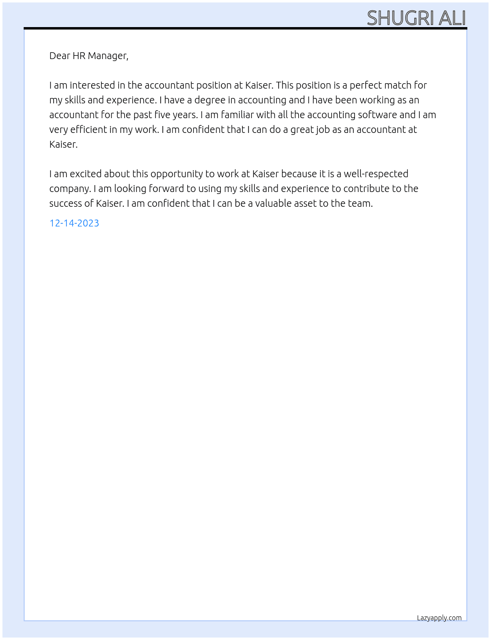 Accountant At Kaiser Cover Letter
