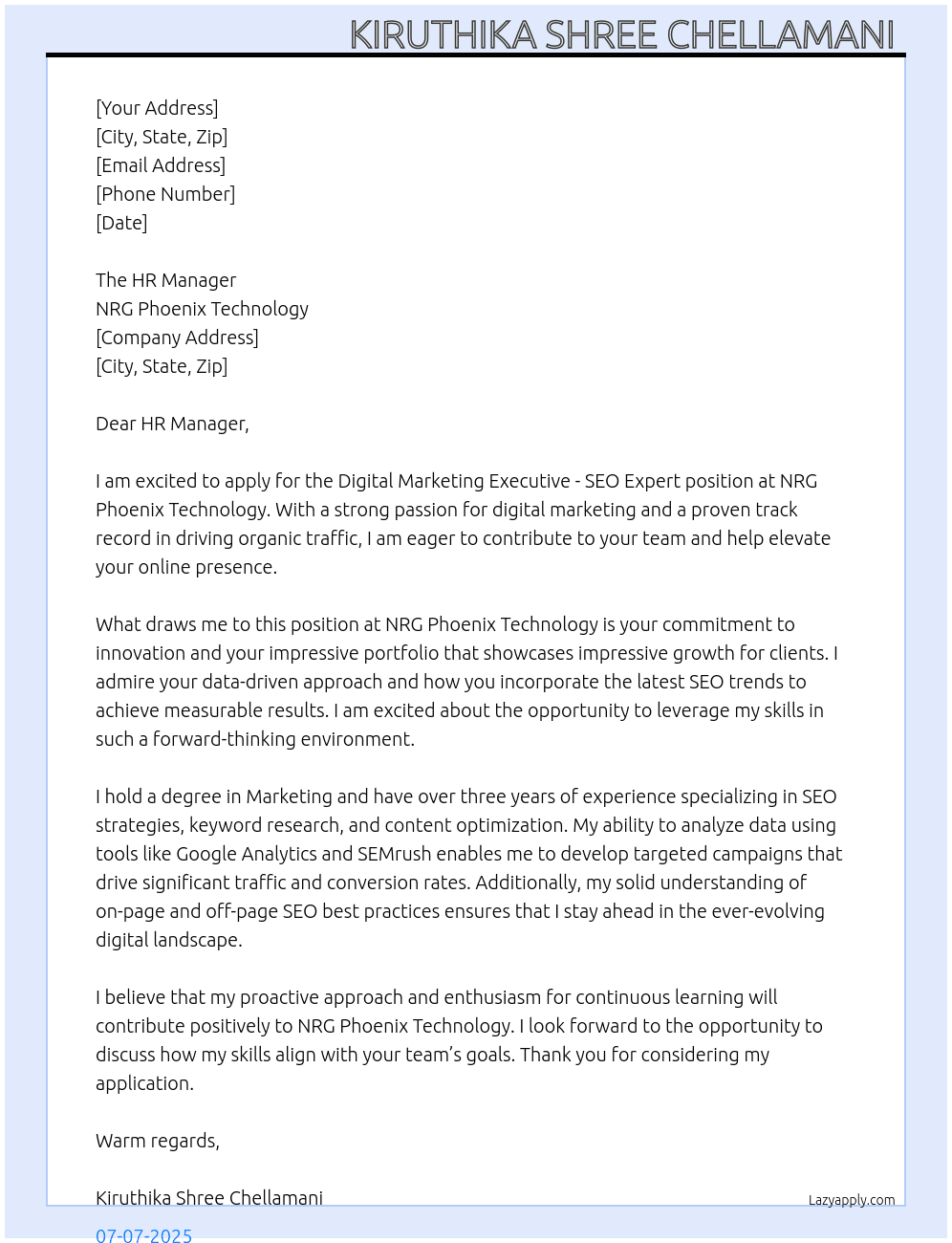 Digital Marketing Executive SEO Expert  At NRG Phoenix Technology  Cover Letter