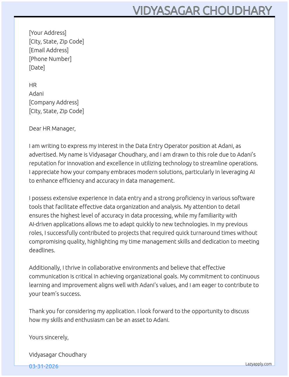 Data entry operator  + Ai At Adani Cover Letter