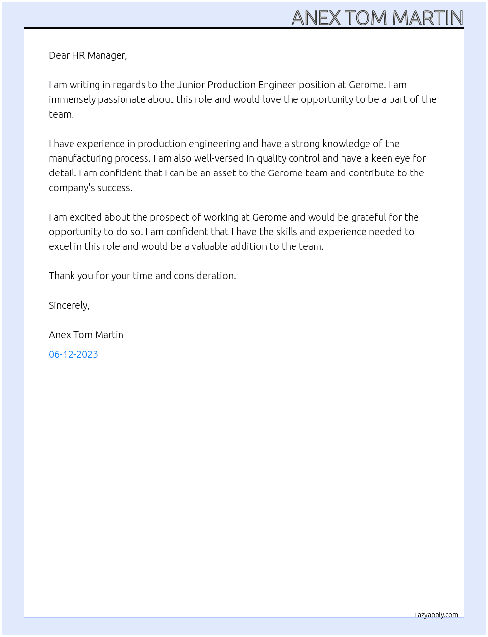 Junior Production Engineer At  gerome  Cover Letter