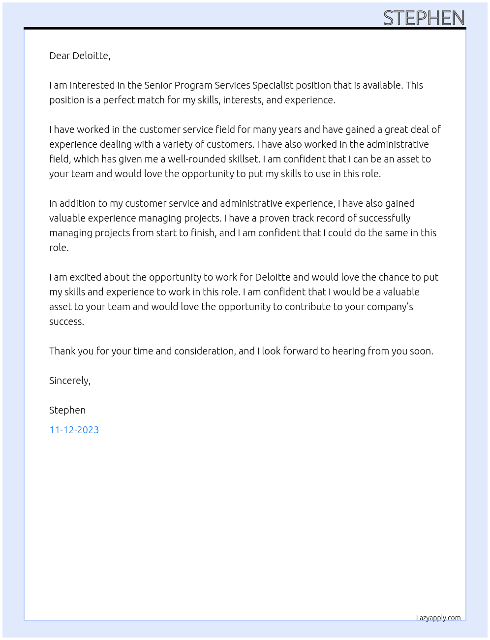 Senior Program Services Specialist At Humphries Cover Letter