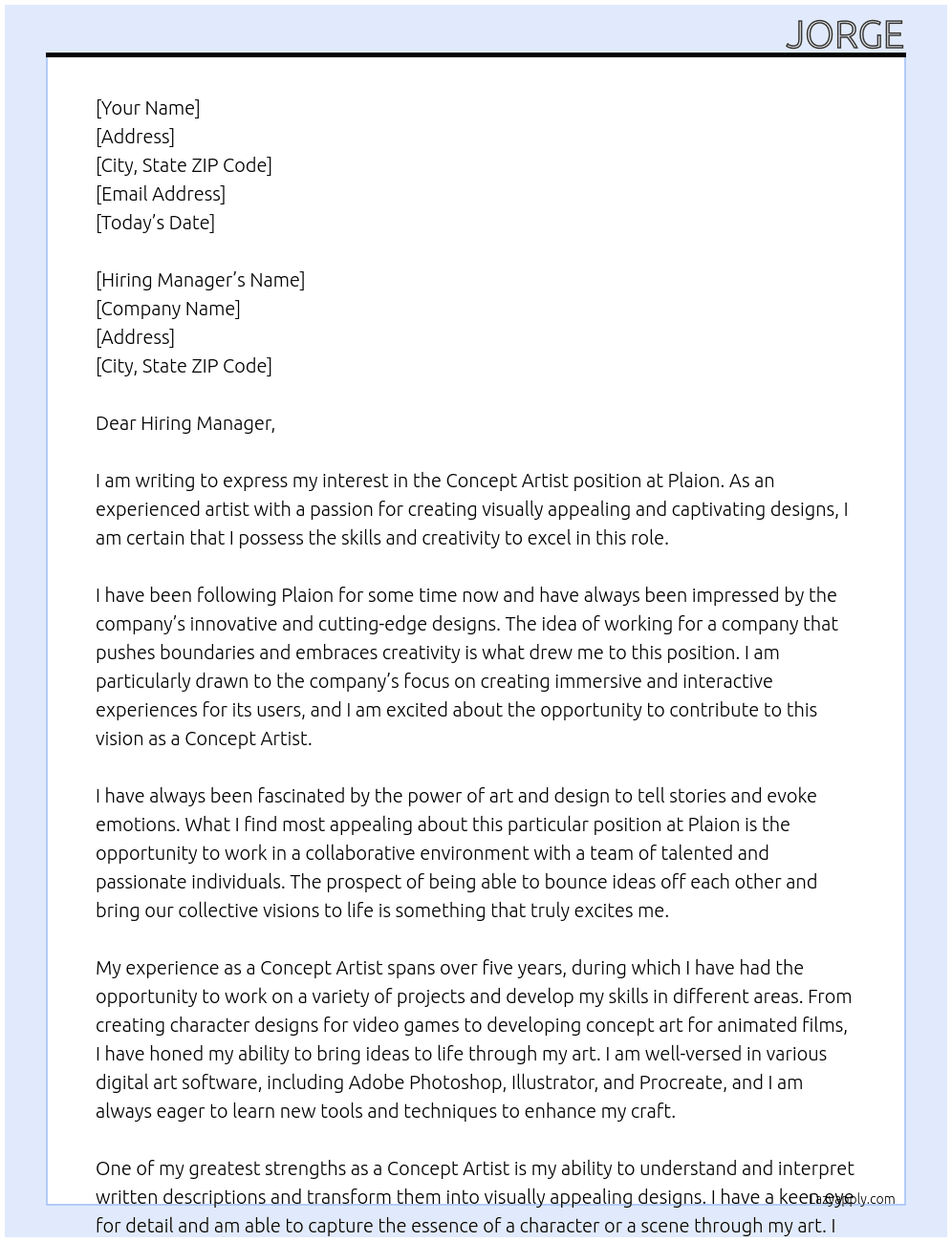 concept artist At Plaion Cover Letter