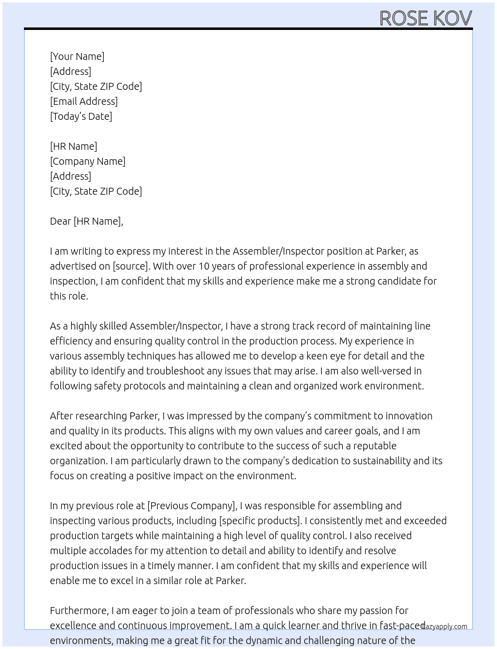 Assembler/Inspector  At Parker Cover Letter