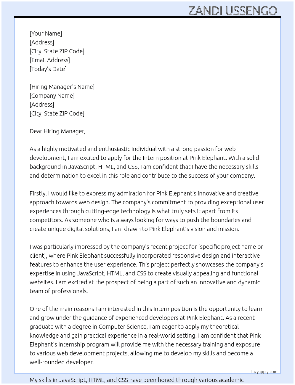 Intern  At Pink Elephant  Cover Letter