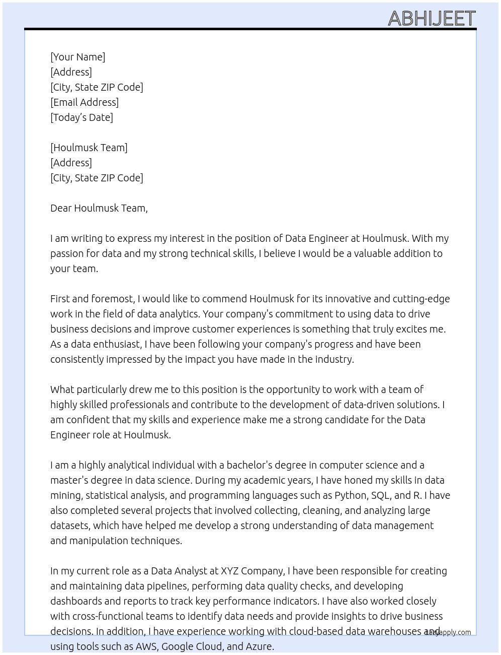 data engineer At Houlmusk Cover Letter
