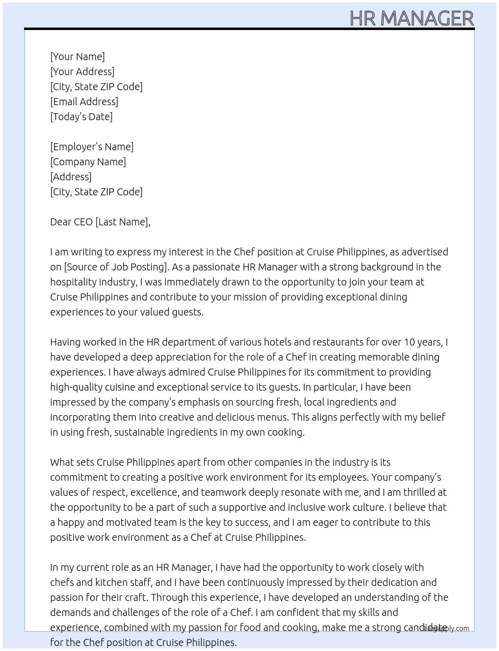 Chef At Cruise Philippines  Cover Letter