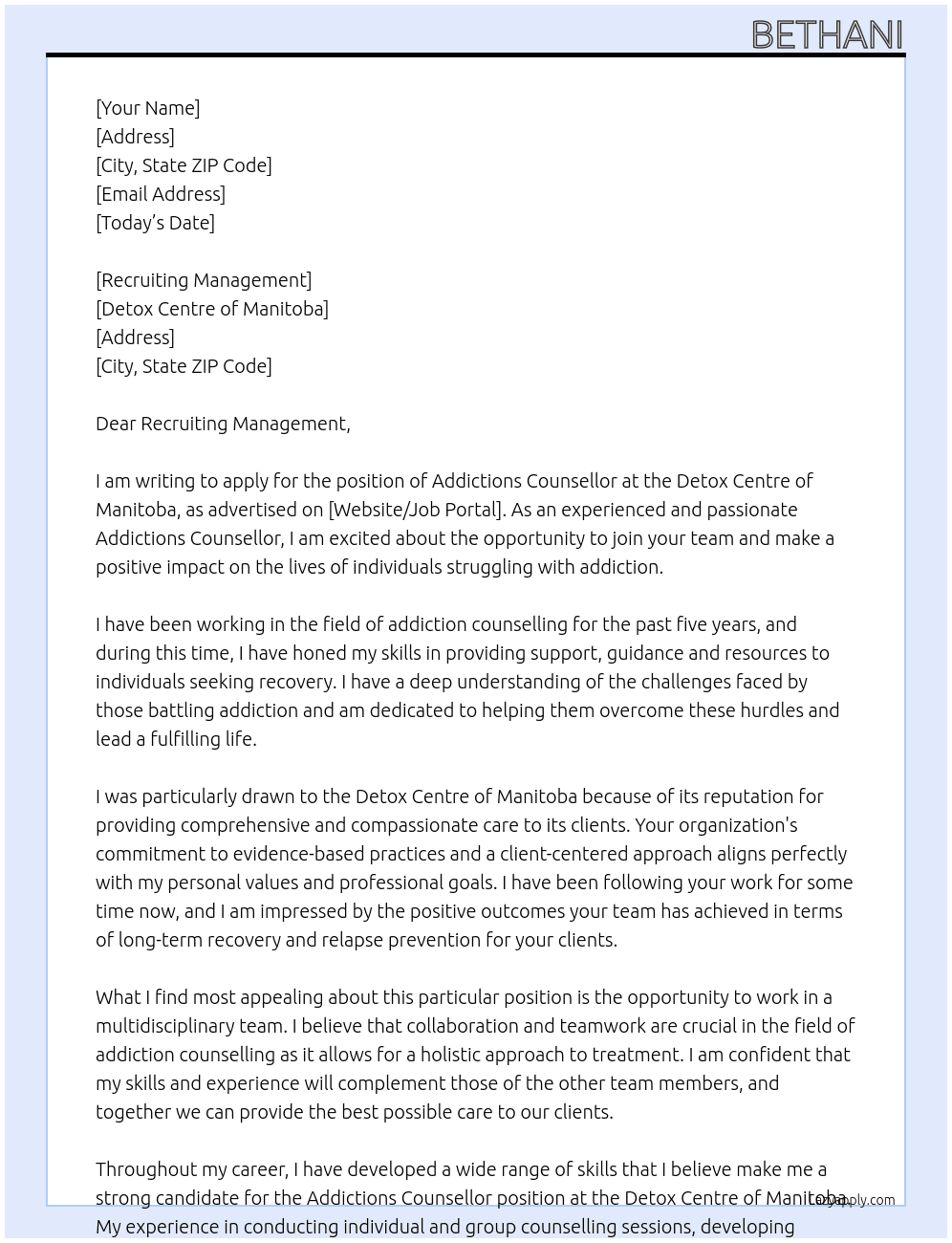 Addictions Counsellor  At Detox Centre of Manitoba Cover Letter