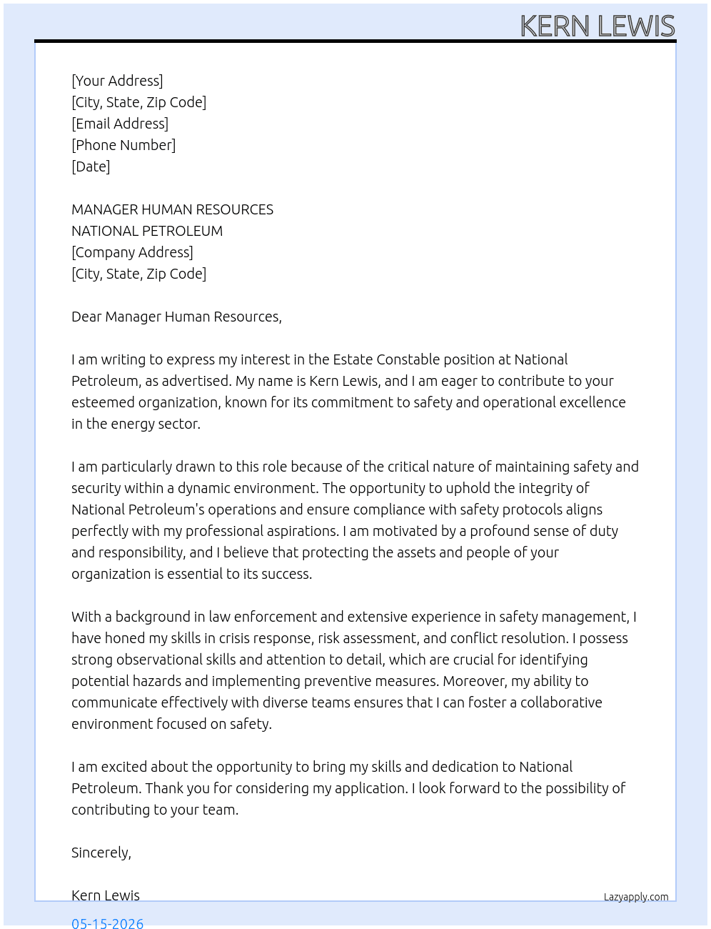 estate constable At NATIONAL PETROLEUM Cover Letter