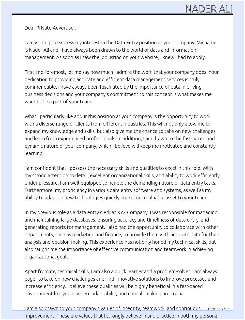 data enty At Private Advertiser Cover Letter
