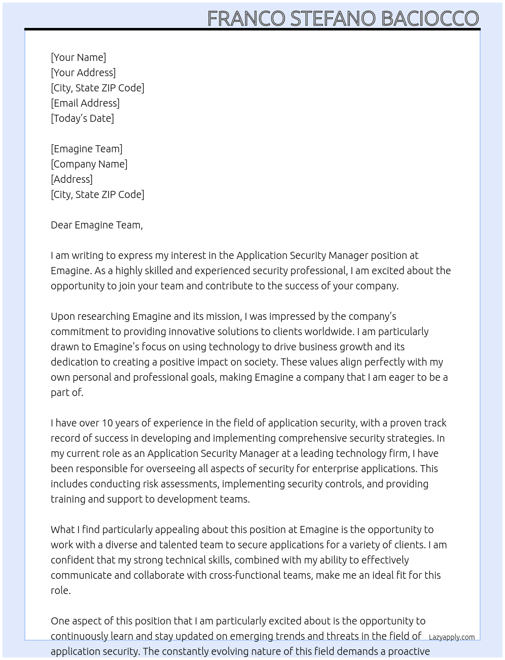 Application Security Manager At emagine Cover Letter