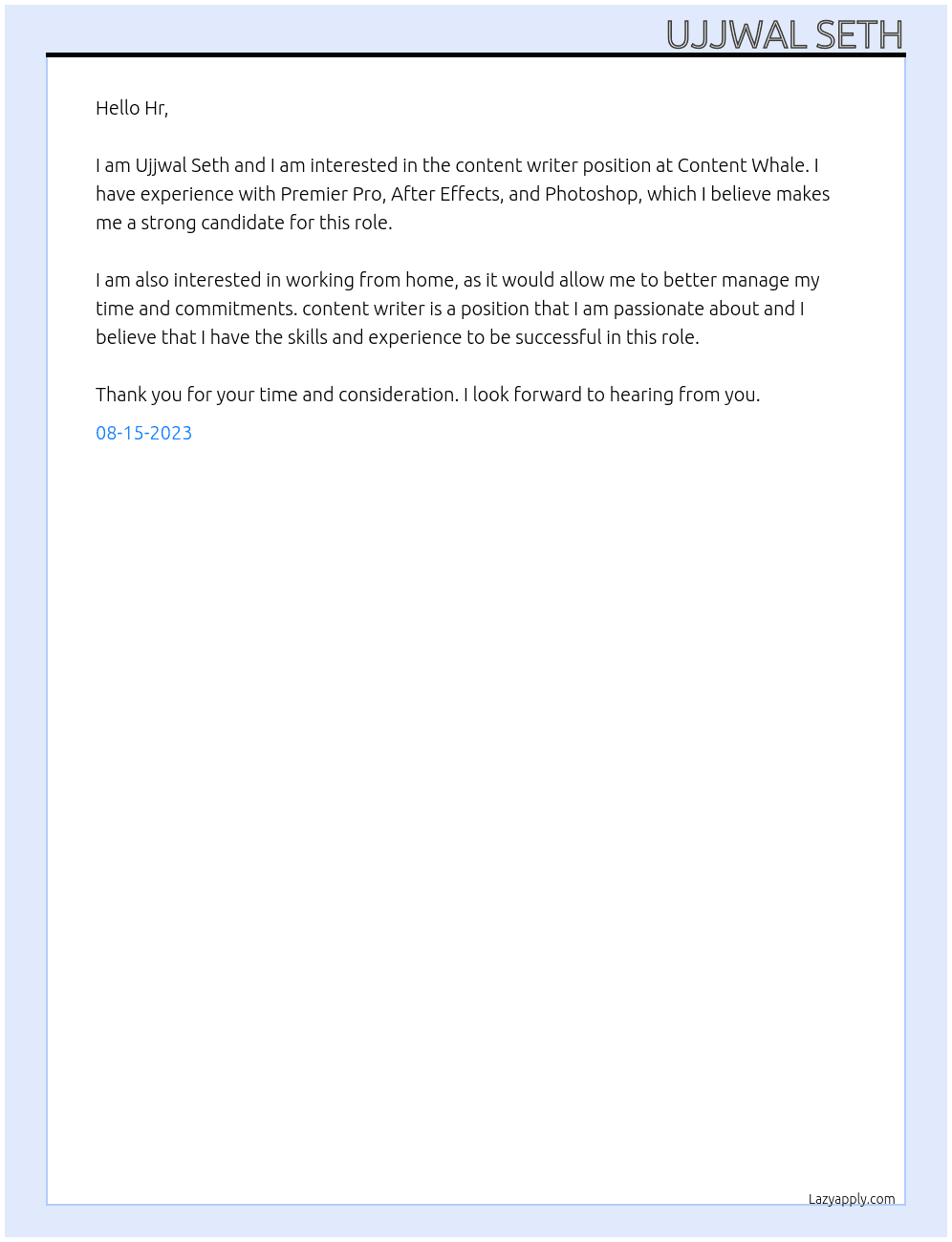 Co tent writer  At Content whale  Cover Letter