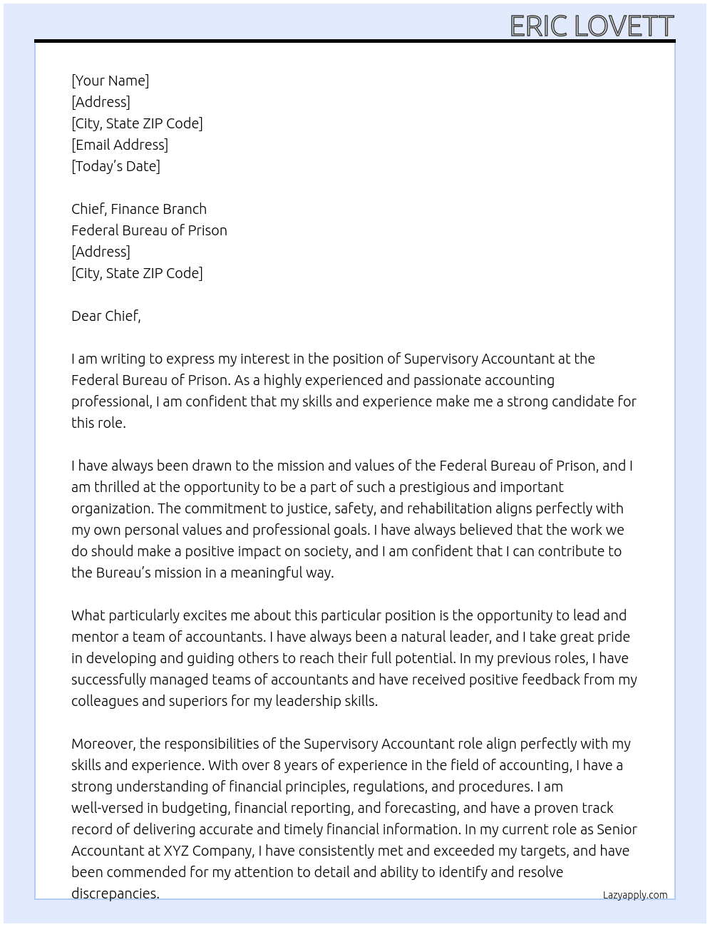 Supervisory Accountant At Federal Bureau of Prison Cover Letter