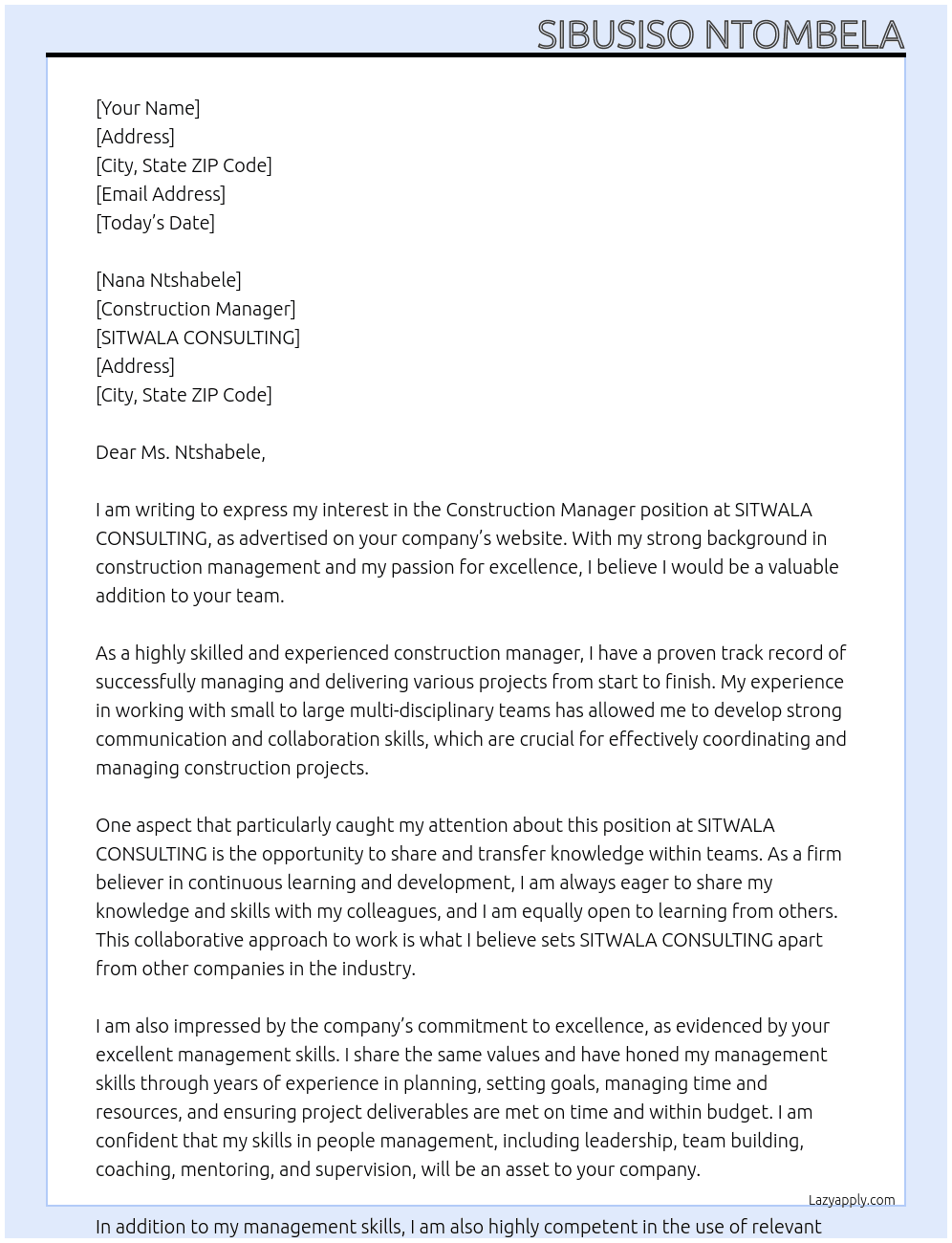 construction manager At SITWALA CONSULTING Cover Letter