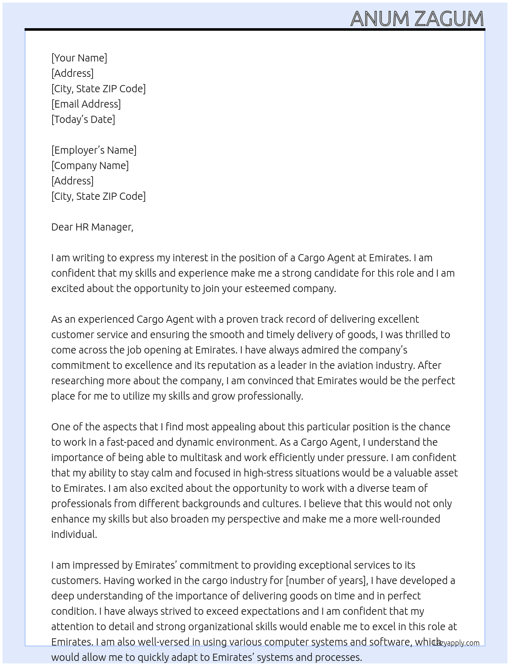 Cargo Agent At Emirates  Cover Letter