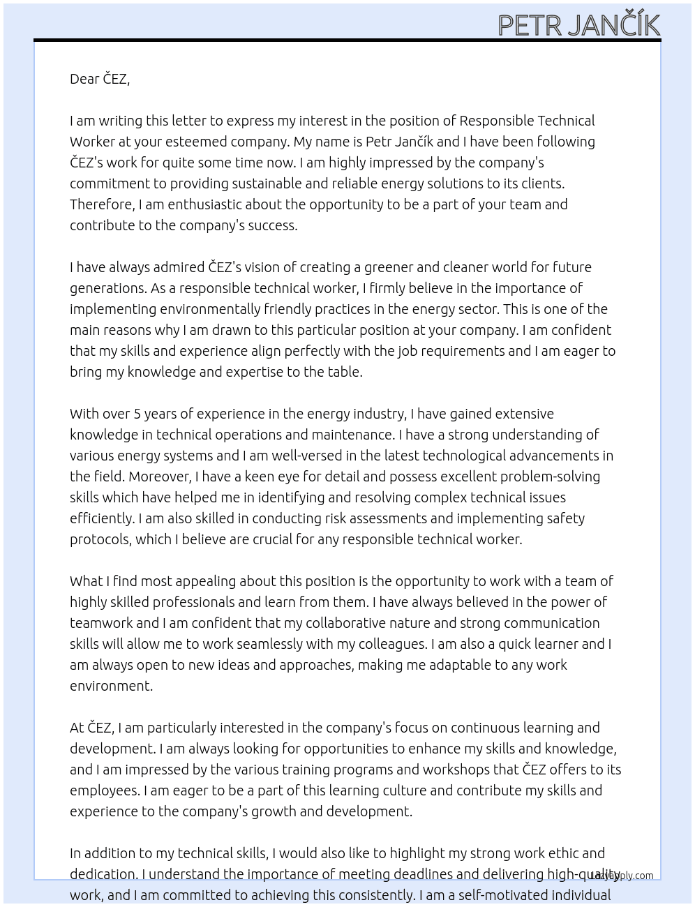 Responsible technical worker At ČEZ Cover Letter