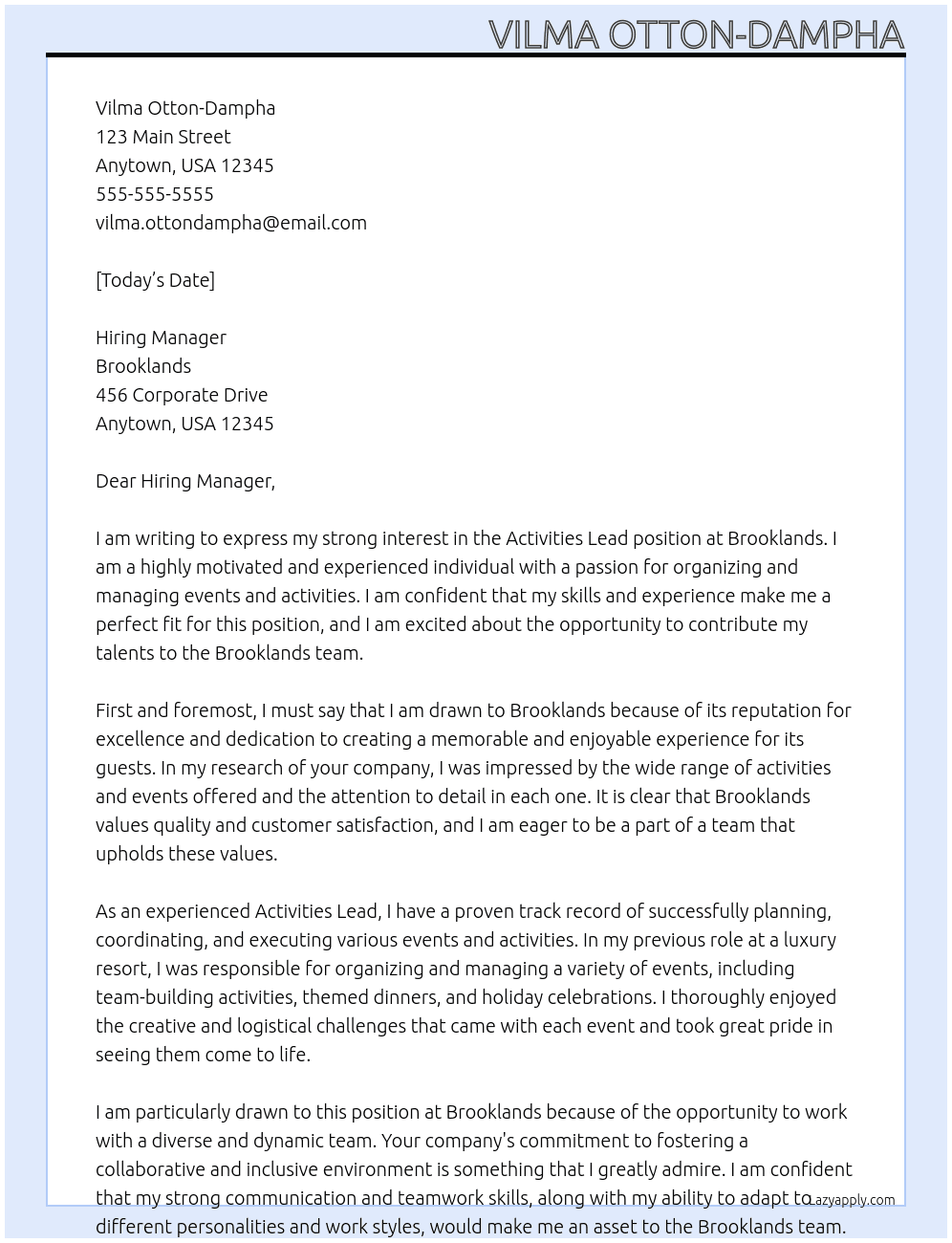Activities Lead At Brooklands Cover Letter
