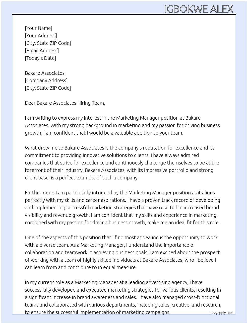 Marketing manager  At Bakare Associates  Cover Letter