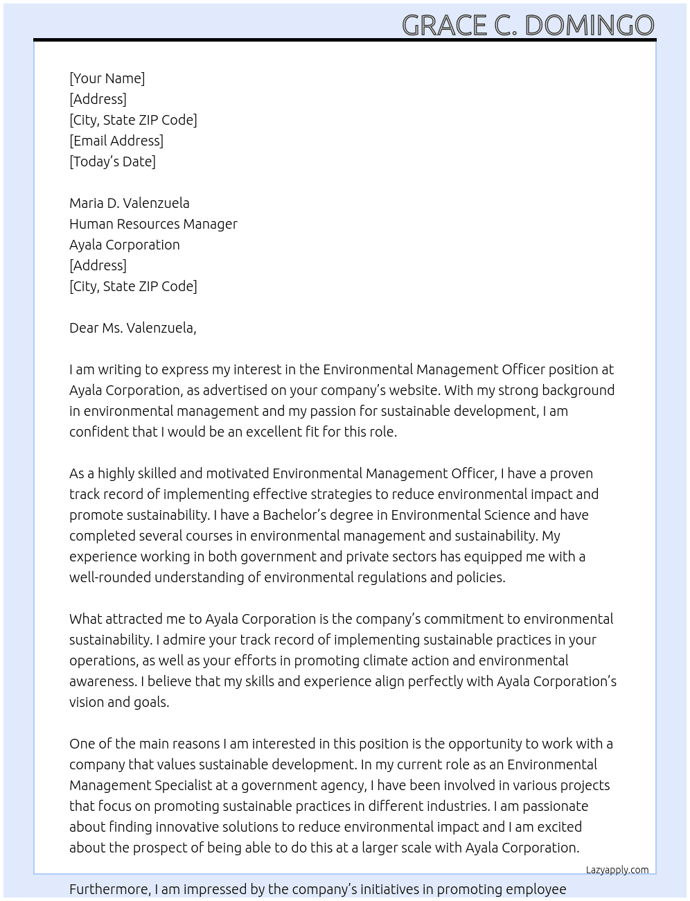 environmental management officer At Ayala Corporation Cover Letter