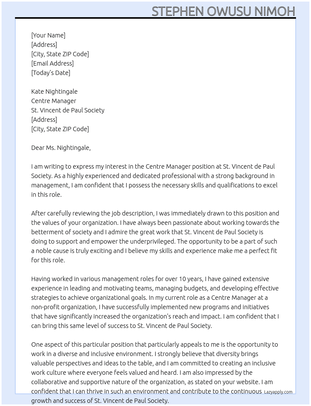 Centre Manager At St. Vincent de Paul Society Cover Letter