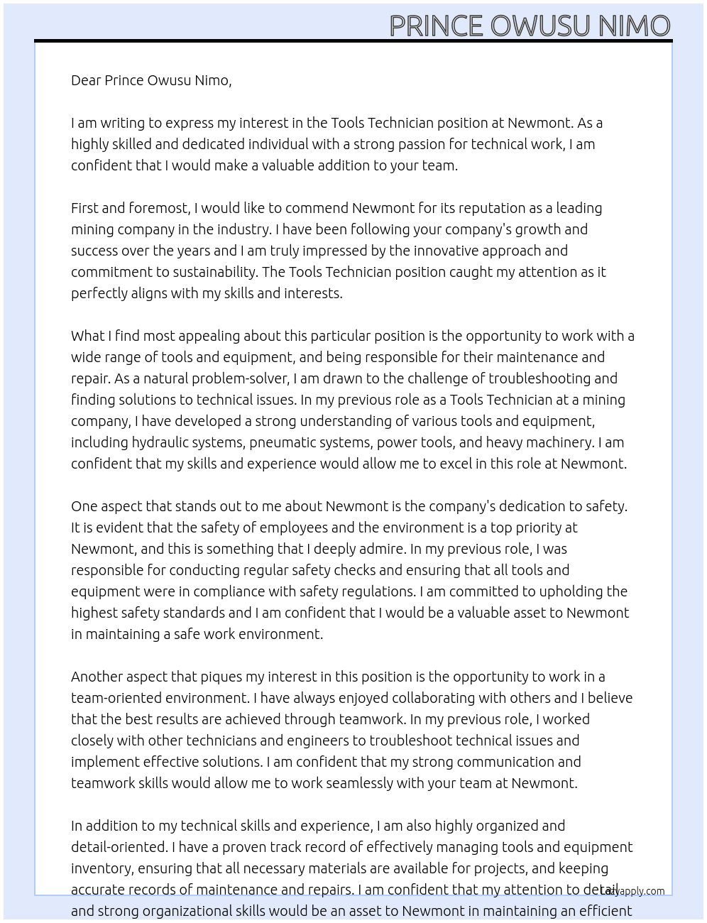 tools Technician At Newmont Cover Letter