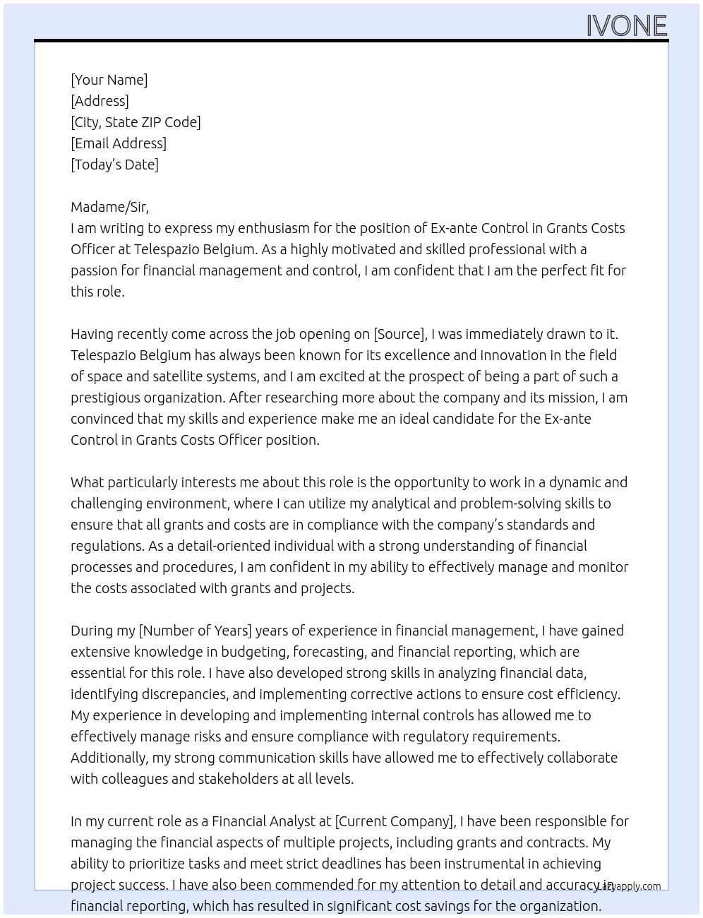 Ex-ante Control in Grants Costs Officer At Telespazio Belgium  Cover Letter