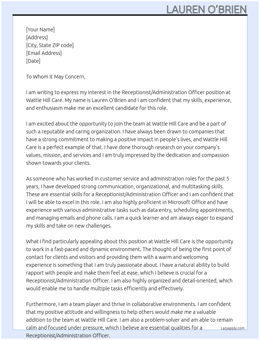 Receptionist / Administration Officer At Wattle Hill Care Cover Letter