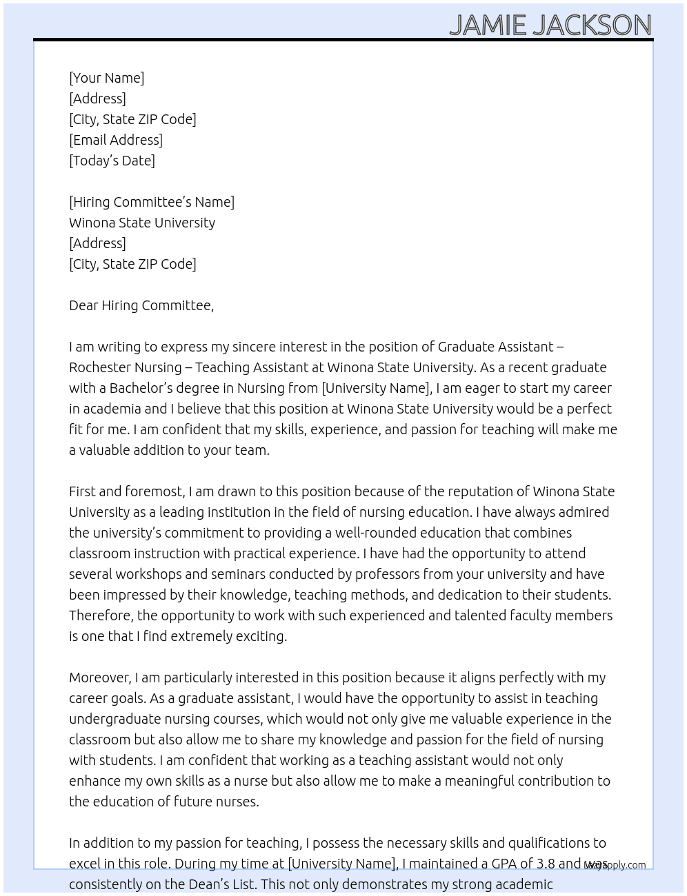 Graduate Assistant - Rochester Nursing - Teaching Assistant At Winona State Univiersty Cover Letter