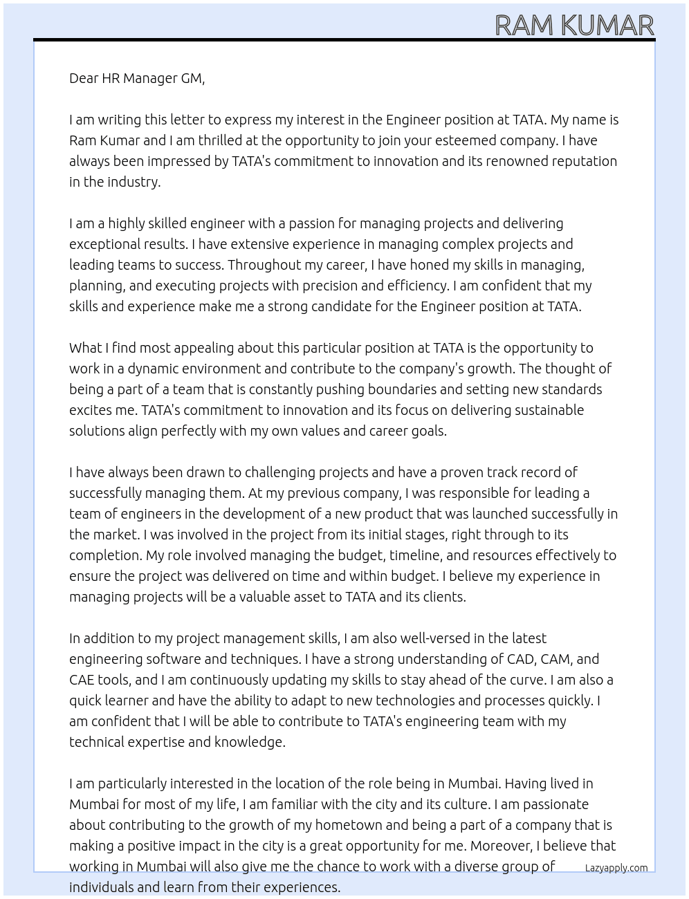 engineer At TATA Cover Letter