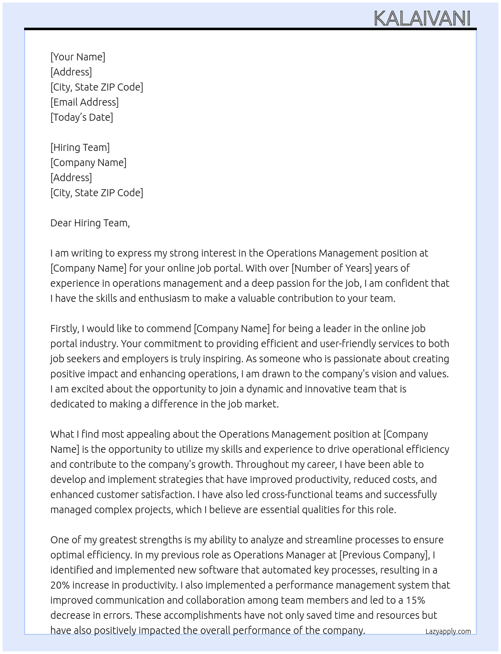 Operations management  At For online job portal  Cover Letter