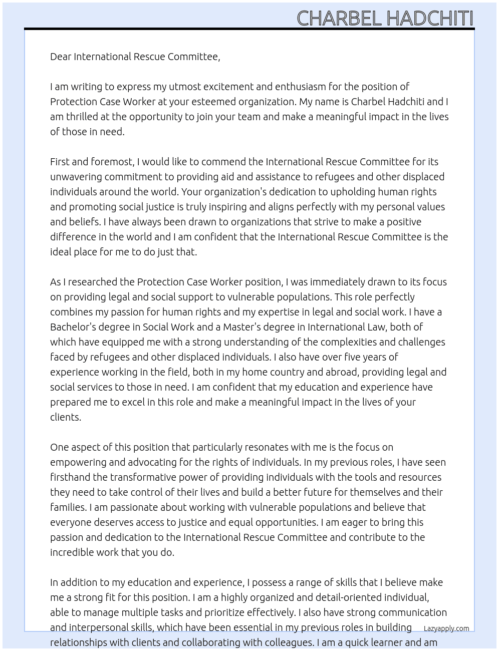 Protection Case Worker At International Rescue Committee  Cover Letter