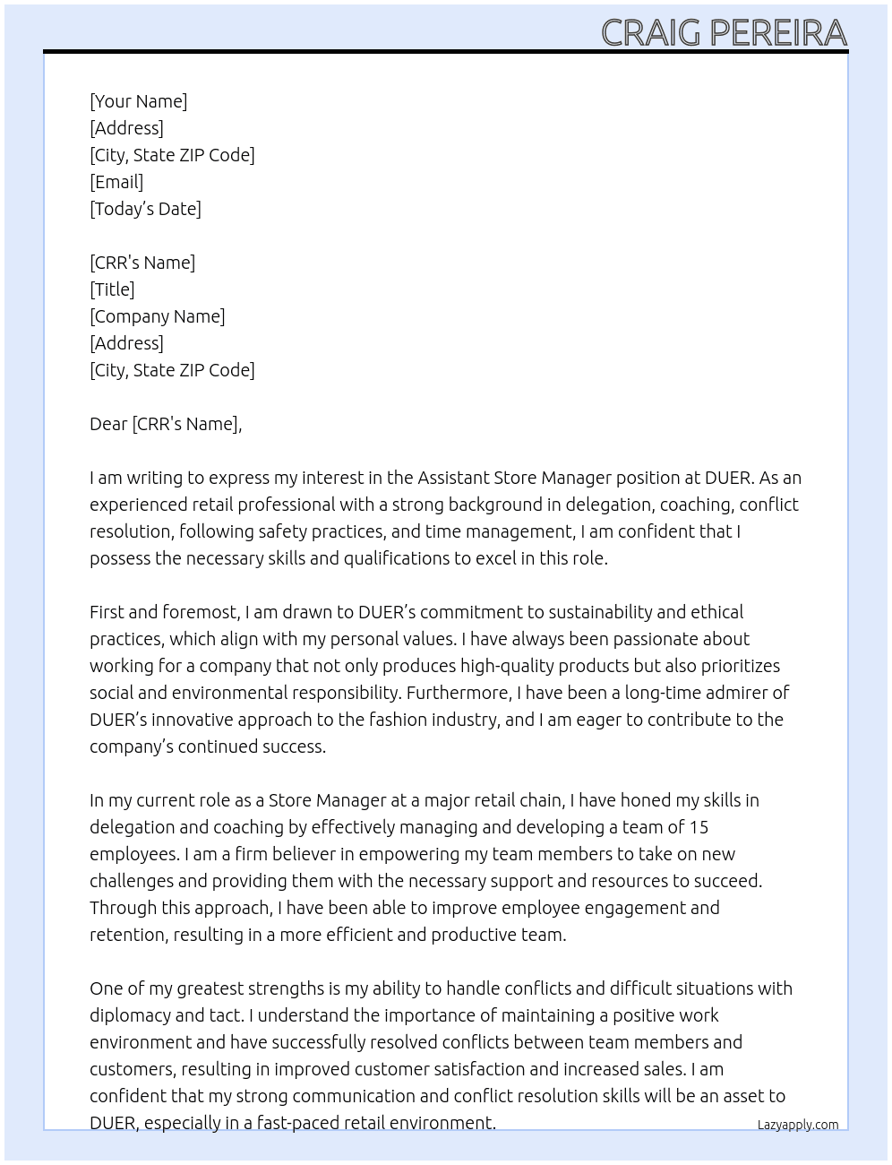 Assistant Store Manager At DUER Cover Letter