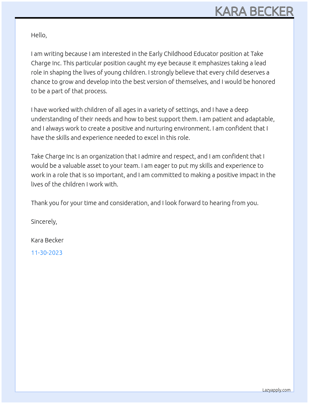Early Childhood Educator At Take Charge Inc Cover Letter