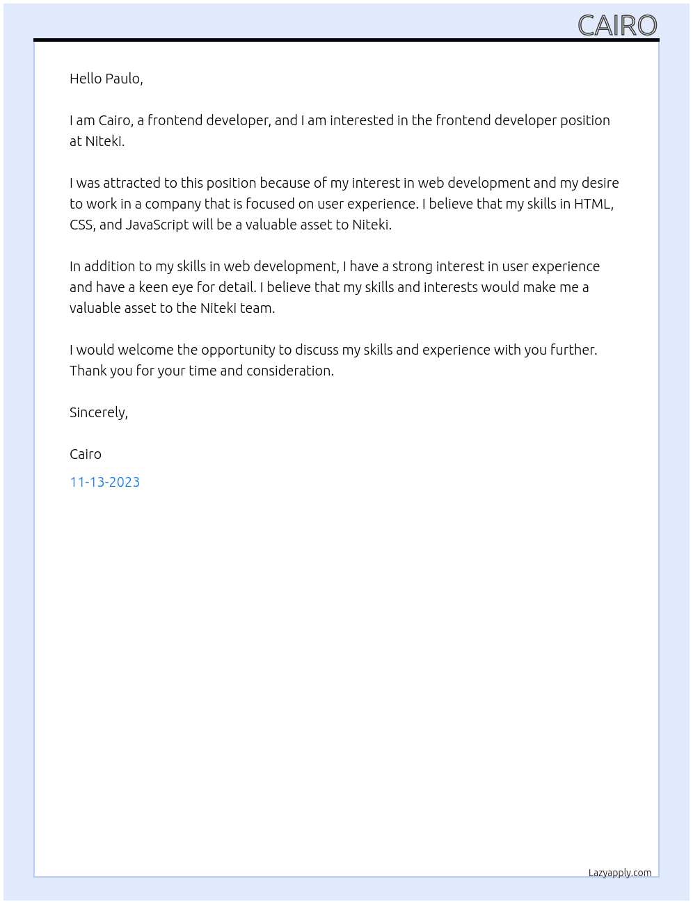 Froontend developer At Niteki Cover Letter