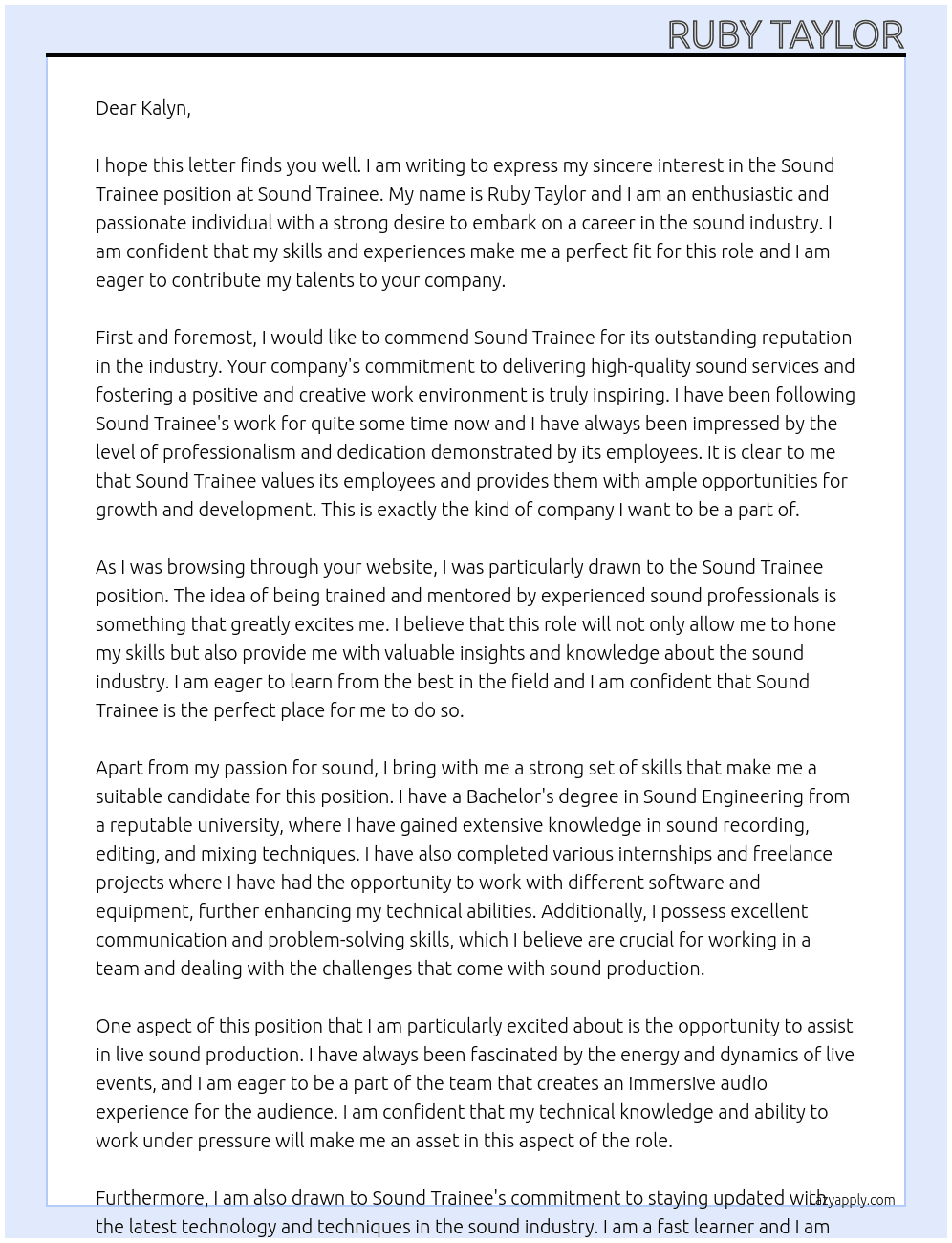 Sound trainee At Sound trainee Cover Letter