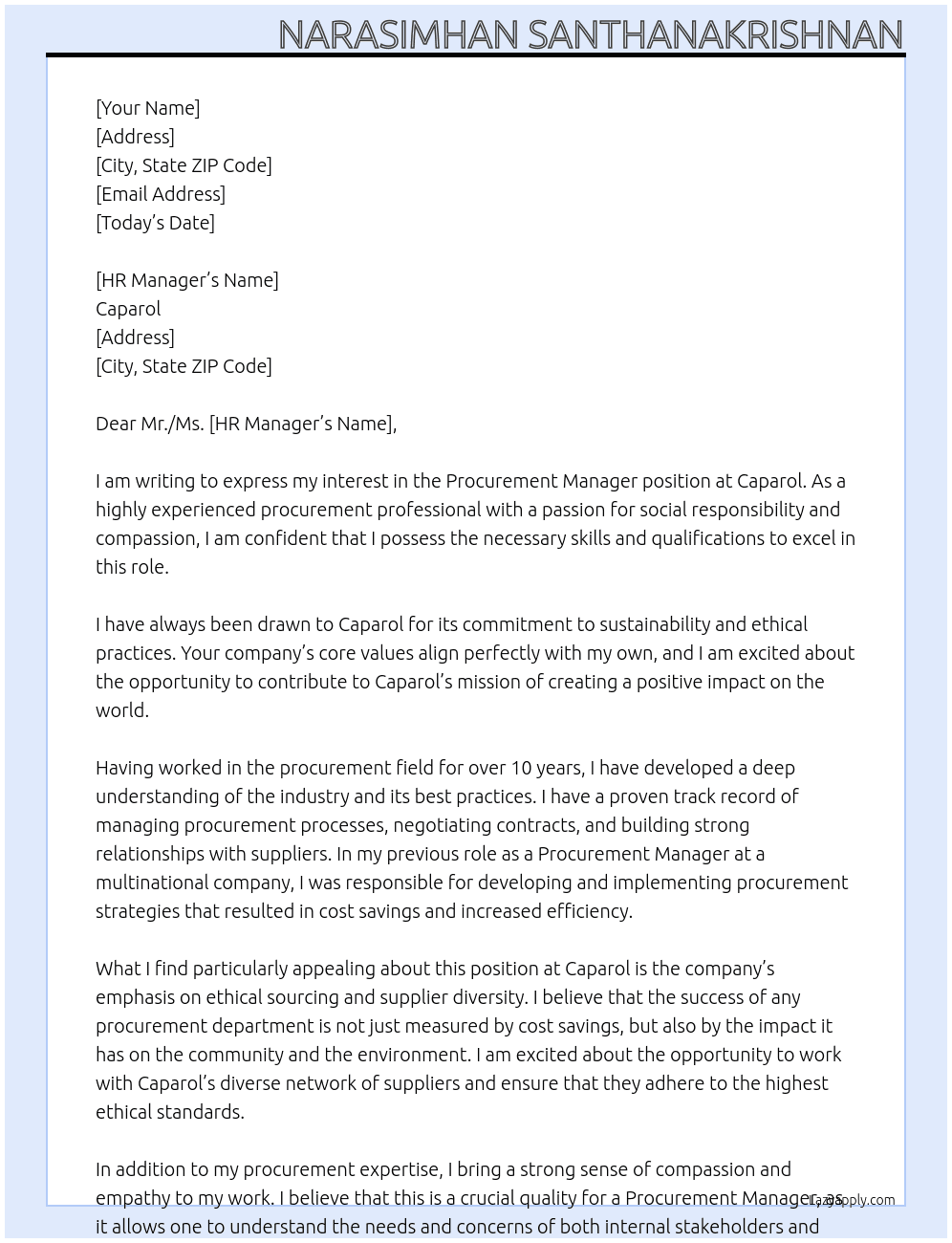 Procurement Manager At Caparol Cover Letter