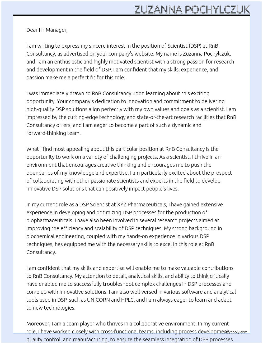 Scientist (DSP) At RnB Consultancy Cover Letter
