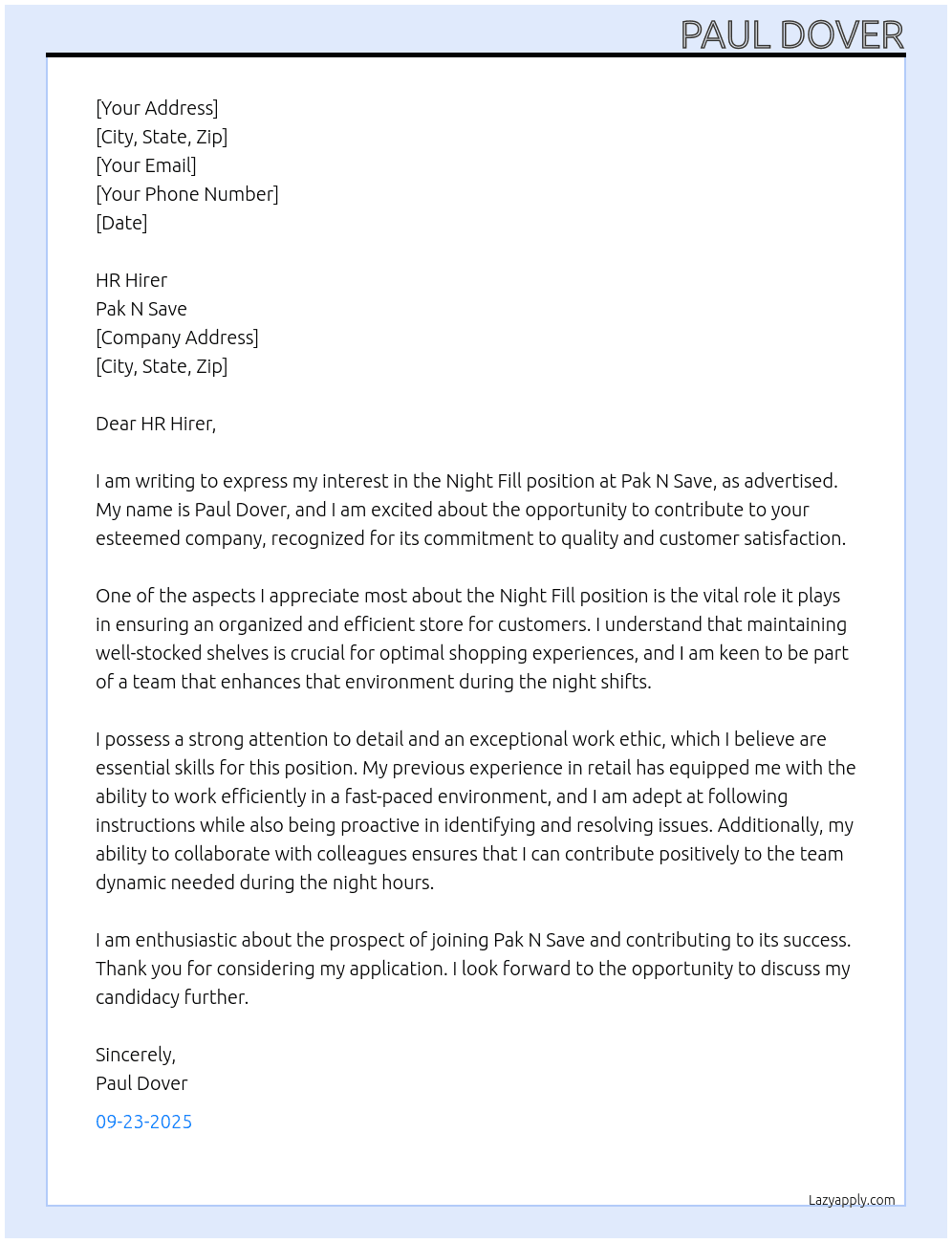 Cover letter for night fill position - LazyApply