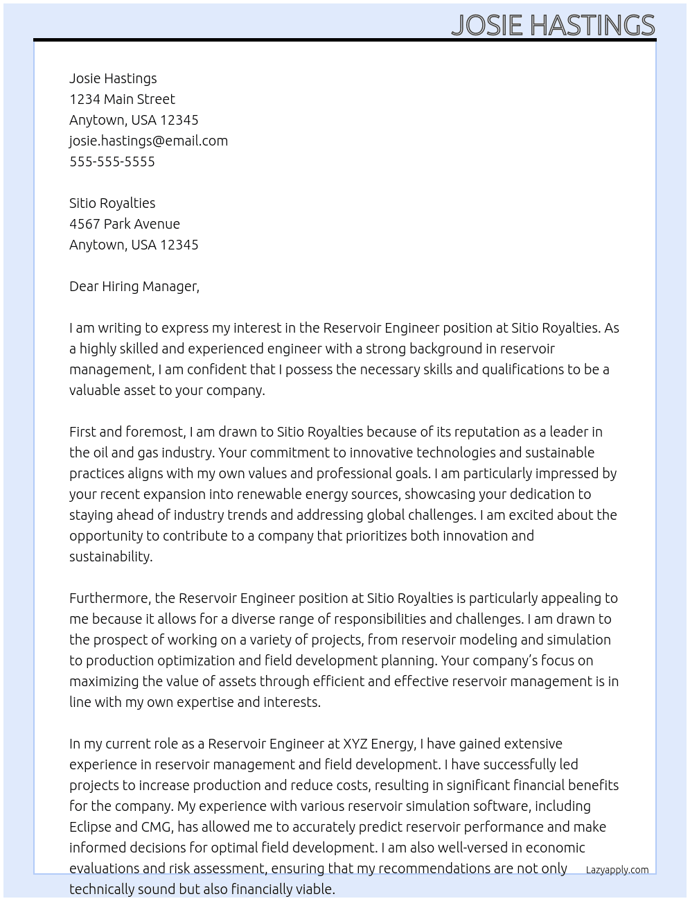 Reservoir Engineer At Sitio Royalties Cover Letter