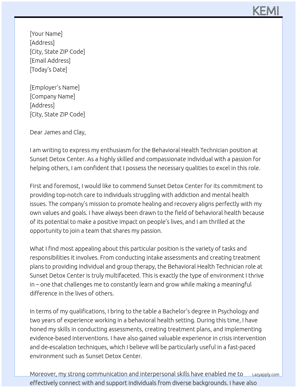Behavioral Health Technician  At Sunset Detox Center Cover Letter