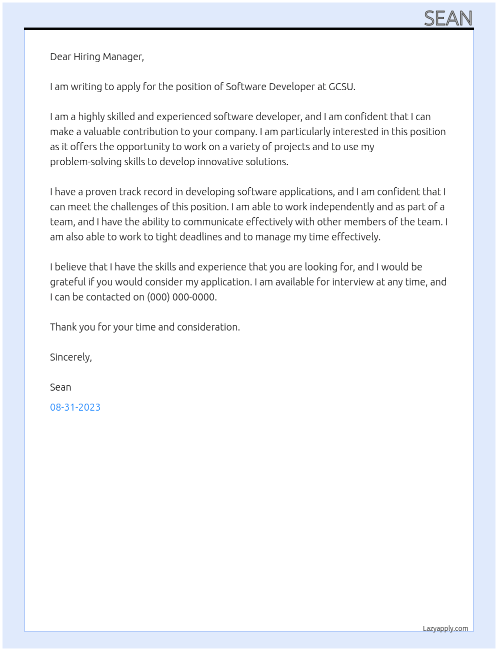 Software Developer At GCSU Cover Letter
