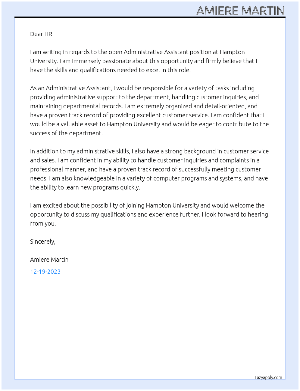 Administrative Assistant At Hampton University Cover Letter