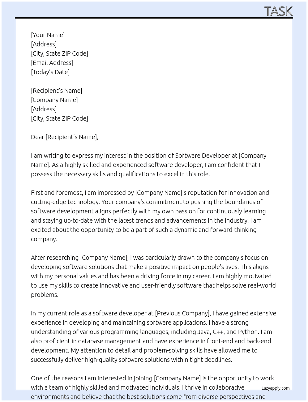 Software developer At Task Cover Letter