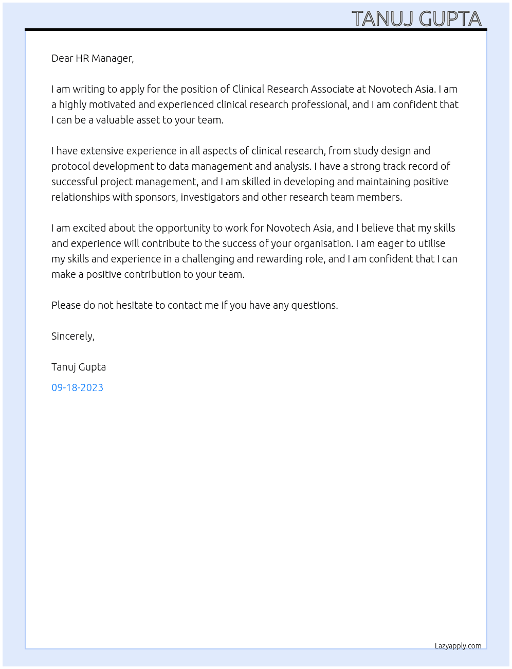 Clinical Research Associate At Novotech Asia Cover Letter