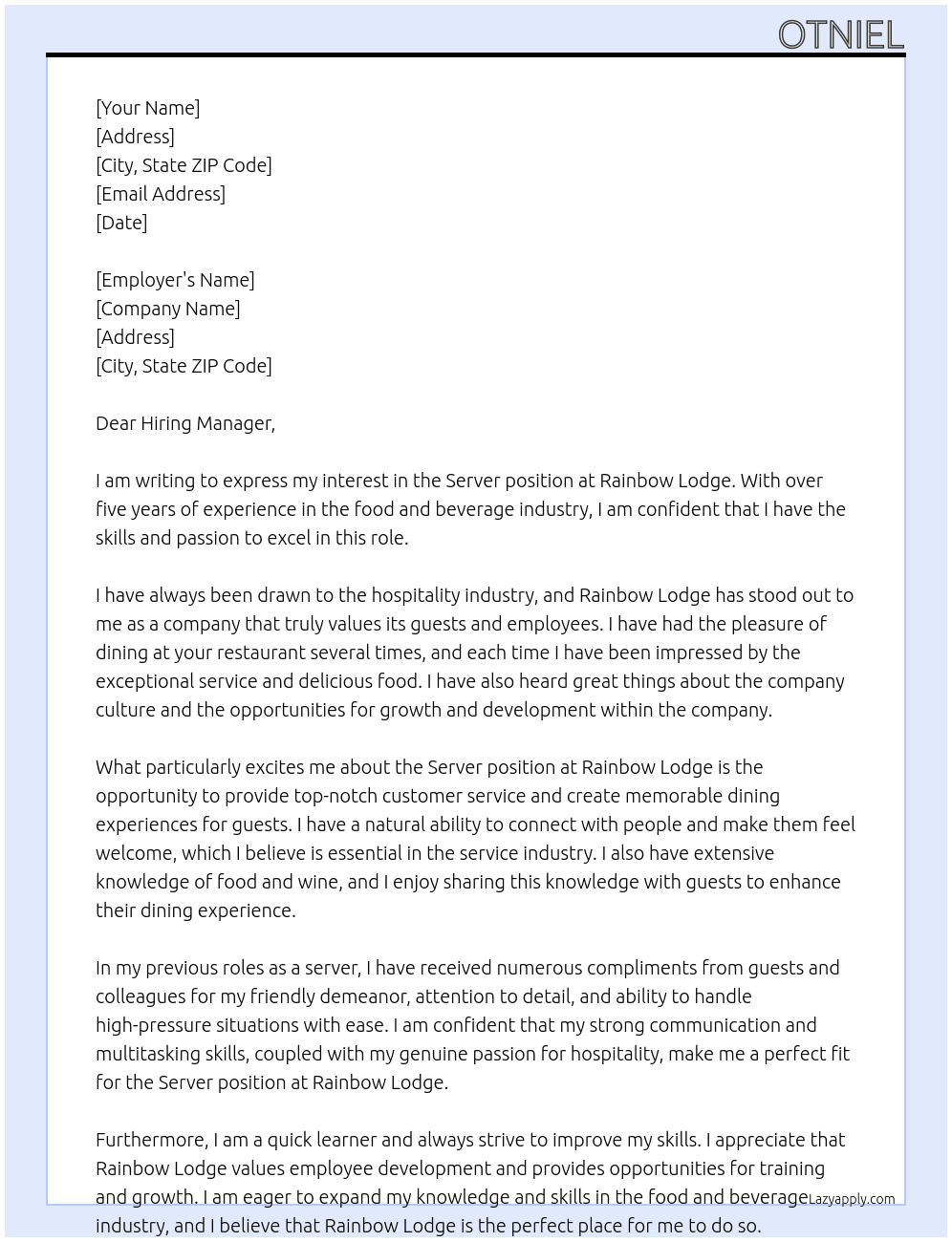 Server At Rainbow lodge Cover Letter