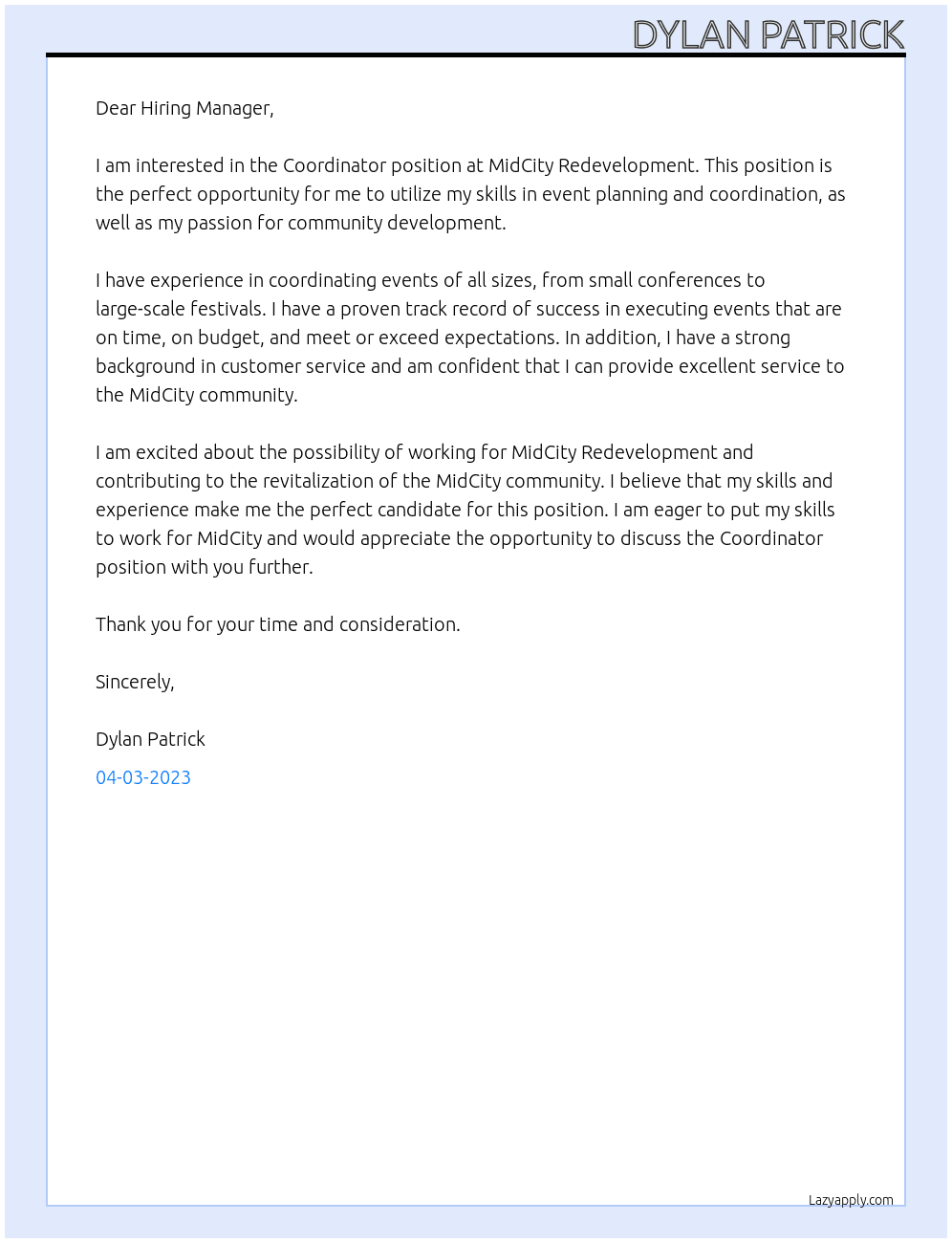 Coordinator At MidCity Redevelopment Cover Letter